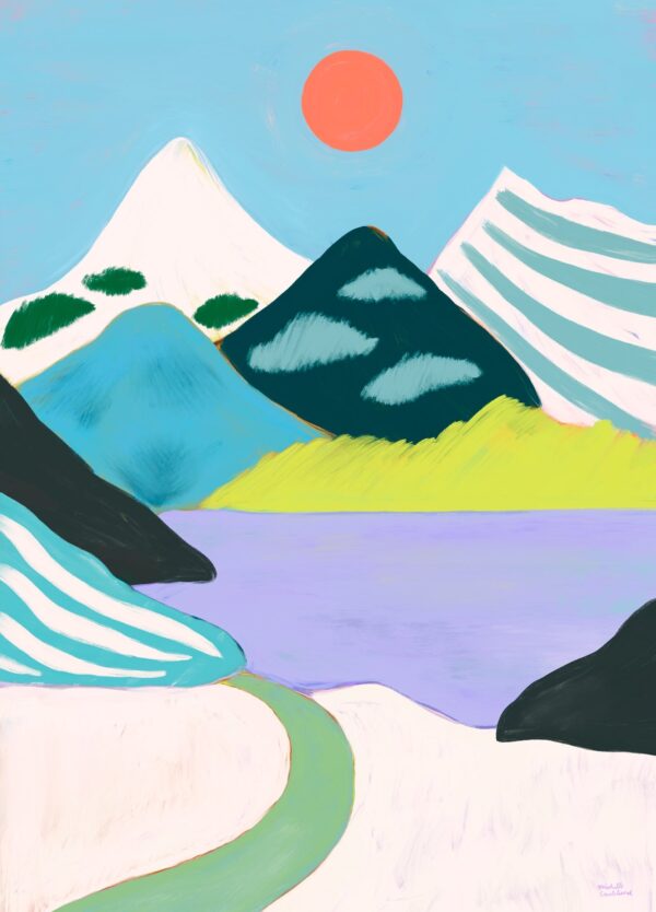 Michelle Carlslund plakat med sneklædte bjerge i turkise og grønne nuancer og en lilla sø.
