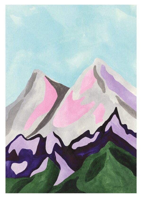 Iga Kosicka med moderne fortolkning af bjerglandskab i lyserød, grå, lilla, turkis og grøn.