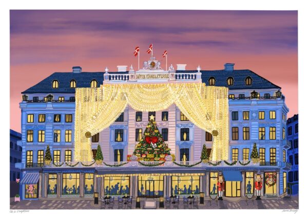 Jule plakat af Emma Forsberg. På plakaten ses D'Angleterre i København, der er pyntet op til jul. Over hotellet har solnedgangen farvet himlen i lyserøde og violette toner.