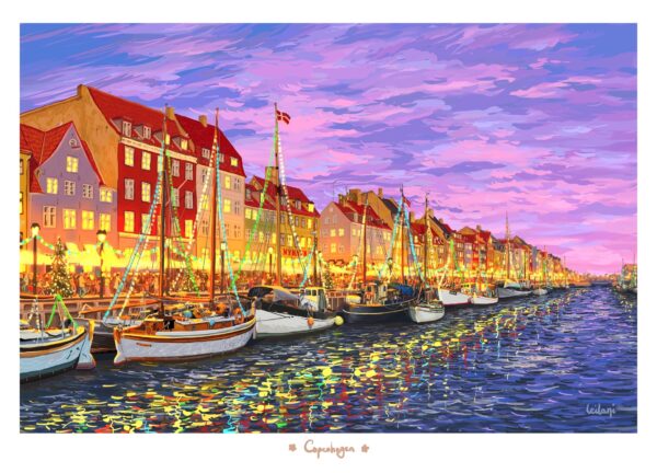 Nyhavn plakat af Leilani. På plakaten ses Nyhavn med julelys under en fin lyserød og lilla himmel