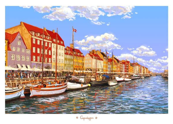 Nyhavn plakat i fine, lyse farver. På plakaten er der blå himmel over den fine farverige gade ved kanalen.