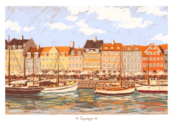 Plakat af Nyhavn i lyse nuancer af gul, orange, lyseblå, grøn, rosa og rød.