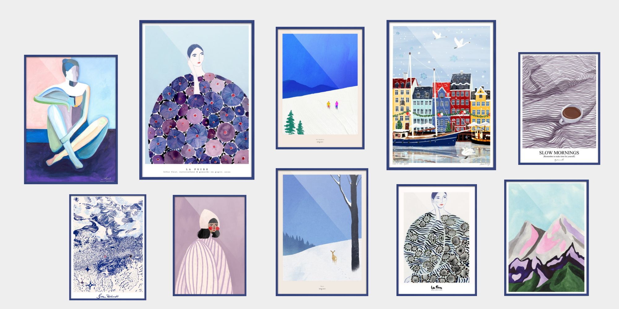 Billedvæg med vinter plakater i lilla, blå og hvide nuancer.