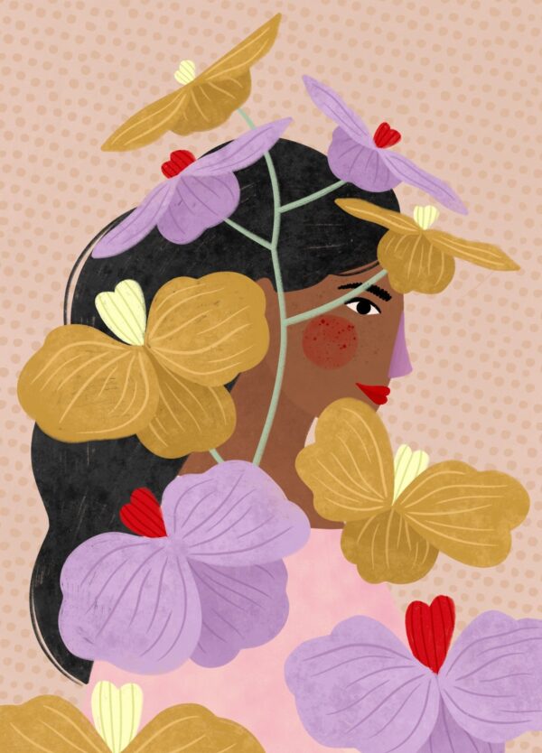 Bea Muller plakat med en kvinde, der gemmer sig bag et mønster af blomster i lyslilla og gul.