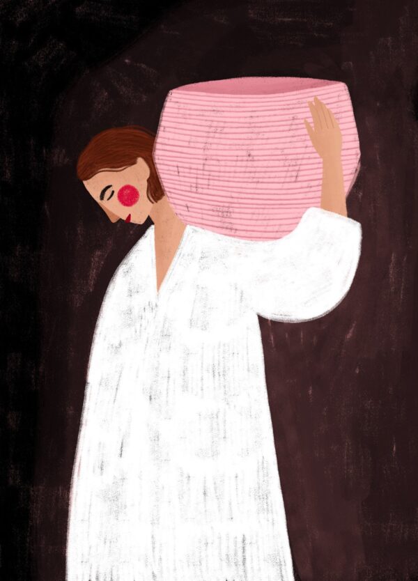 Bea Muller plakat med en kvinde i en hvid kjole, der holder en tung, lyserød kurv. Baggrunden er mørkebrun.