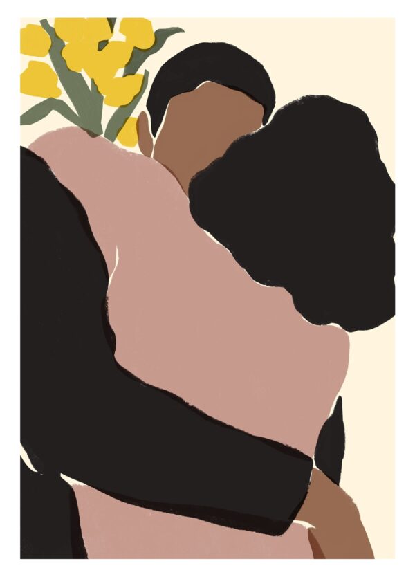 Kærligheds plakat med to mennesker, der krammer hinanden.