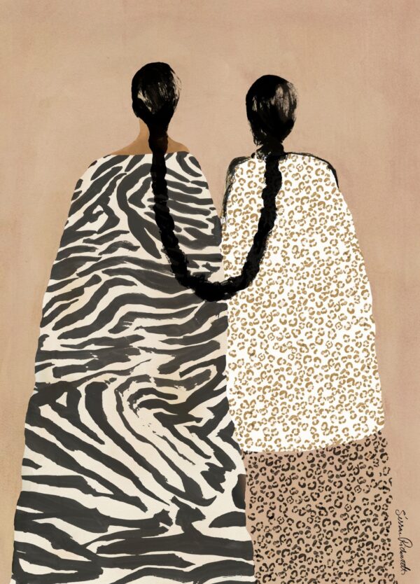 Sissan Richardt plakat med to kvinder med en stærk forbindelse til hinanden. Dette understreges af, at de to kvinder har flettet deres hår sammen. Plakaten er holdt i sarte nuancer af beige, creme, hvid og sort.