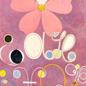 Beskåret Hilma af Klint plakat med titlen The Ten Largest no 5 i lyserød og lilla med detajler i sort, hvid, gul og lyseblå.