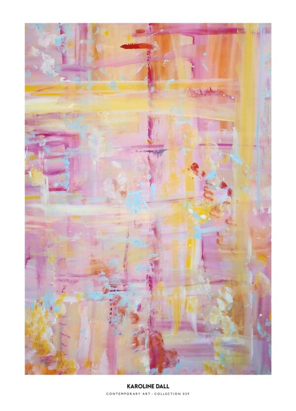 Karoline Dall plakat i pastelfarverne gul, lyserød og lyseblå med detaljer i stærk rød.