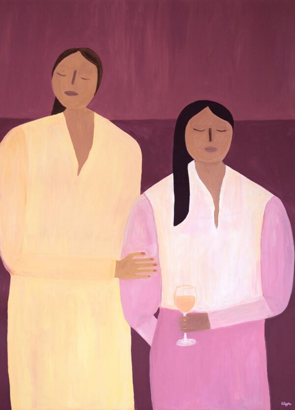 Stephanie Rydle plakat med 2 søstre, der holder om hinanden og passer på hinanden. Den ene er iført lyserød og den anden gult. Baggrunden er bordeaux.