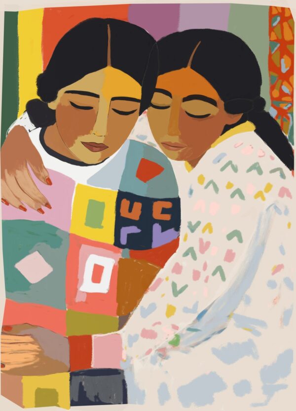 Veninde plakat med to kvinder, der krammer hinanden. Kvinderne er omgivet af en masse forskellige farver.