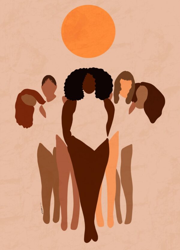 Feministisk plakat med 5 kvinder med forskellig hudfarve, der holder sammen og støtter hinanden.