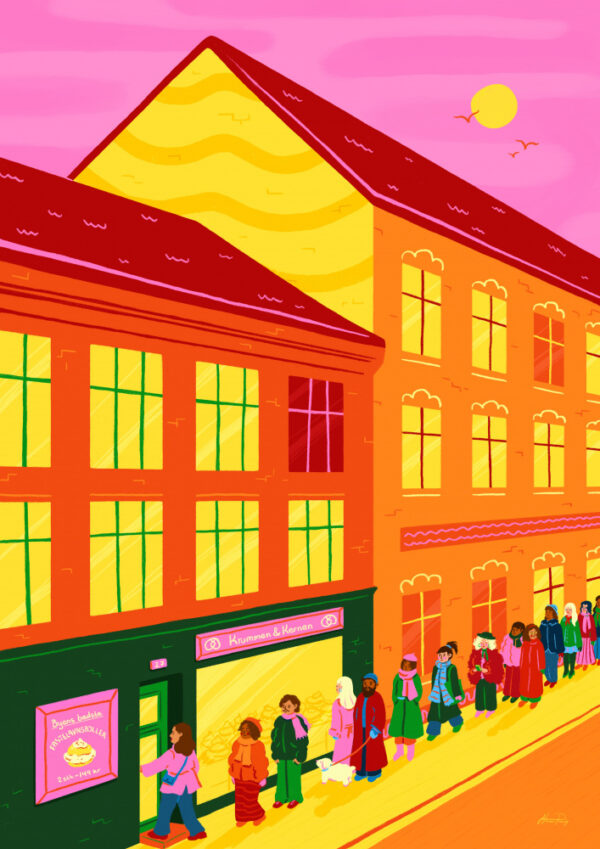 Farverig fastelavnsbolle plakat af Nanna Paavig. Motiv af København med en lang kø foran et bageri. De mange mennesker står alle til i kø til lækre fastelavnsboller.