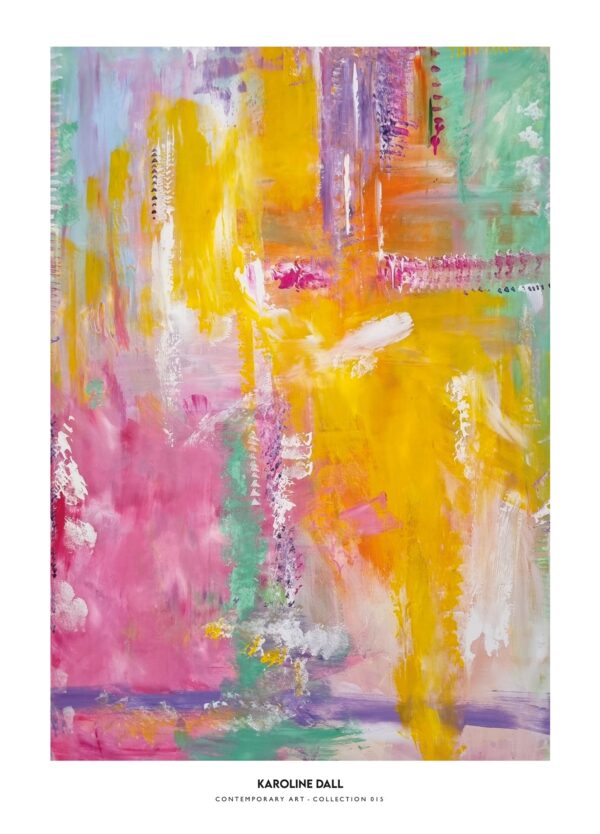 Karoline Dall plakat med titlen Contemporary Collection 15. Værket er primært i farverne gul, grøn og lyserød og har en hvid ramme rundt om.