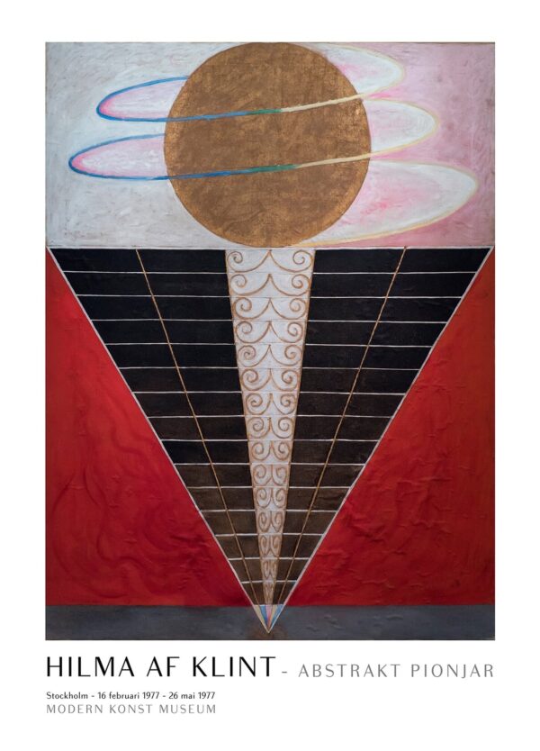 Hilma af Klint plakat med den kvindelige kunstners værk Stairs. Værket er abstrakt og indeholder mange forskellige farver. I bunden af værket er der mere mørke og rødlige nuancer, mens der i toppen er mere lyse nuancer af lyserød, blå og brun.