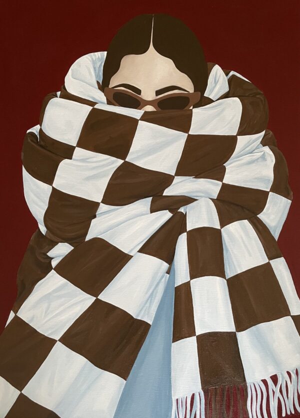 Bille Who plakat med en kvinde klædt i et stort halstørklæde. Tørklædet har et smukt mønster af brune og hvide tern. Baggrunden er bordeaux.