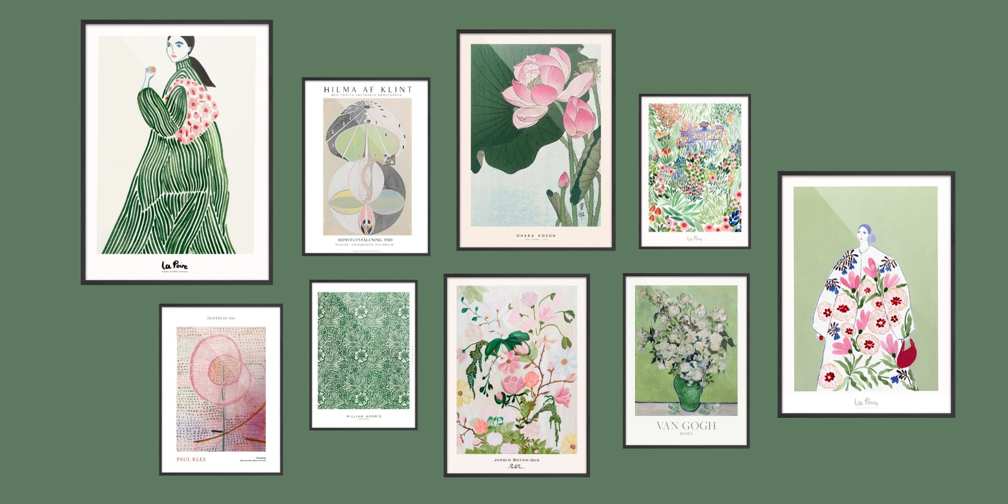 Billedvæg med forårsplakater i lysegrønne og lyserøde nuancer. Plakaterne er en blanding af moderne plakater af La Poire, japanske plakater og kunstplakater af Van Gogh, Paul Klee, William Morris og Hilma af Klint.