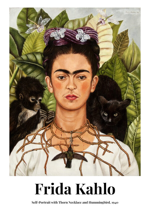 Frida Kahlo plakat med det kendte værk Self-portrait with Thorn Necklace and Hummingbird fra 1940.